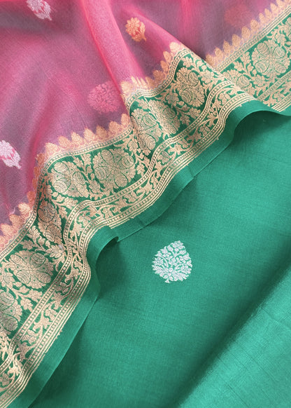 Persian Green Handloom Kadwa Weaves Kora Silk Kurta And Contrast Dupatta