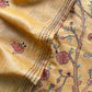 Yellow Kantha Embroidered Unstitched Suit In Handloom Tussar Silk