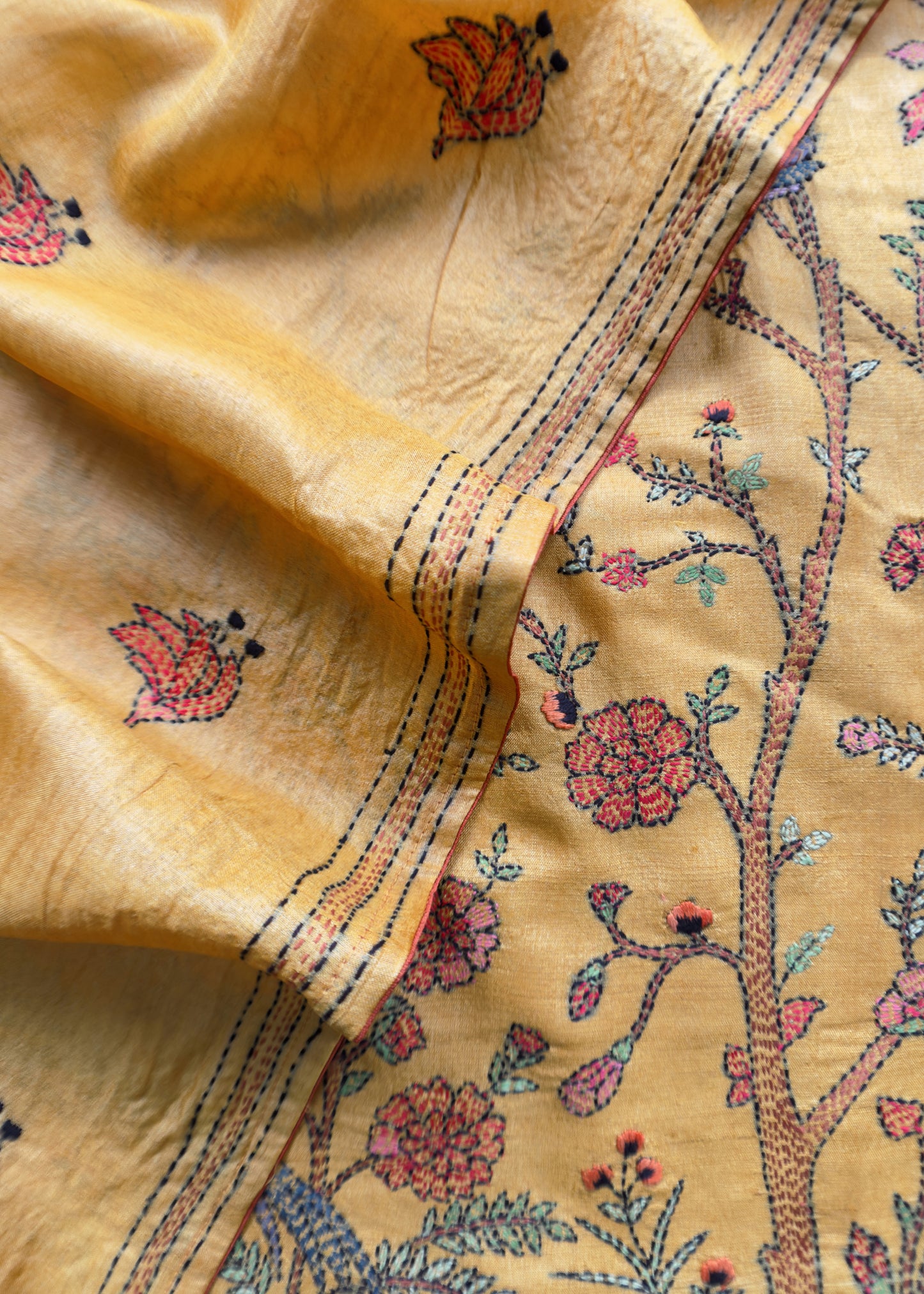 Yellow Kantha Embroidered Unstitched Suit In Handloom Tussar Silk