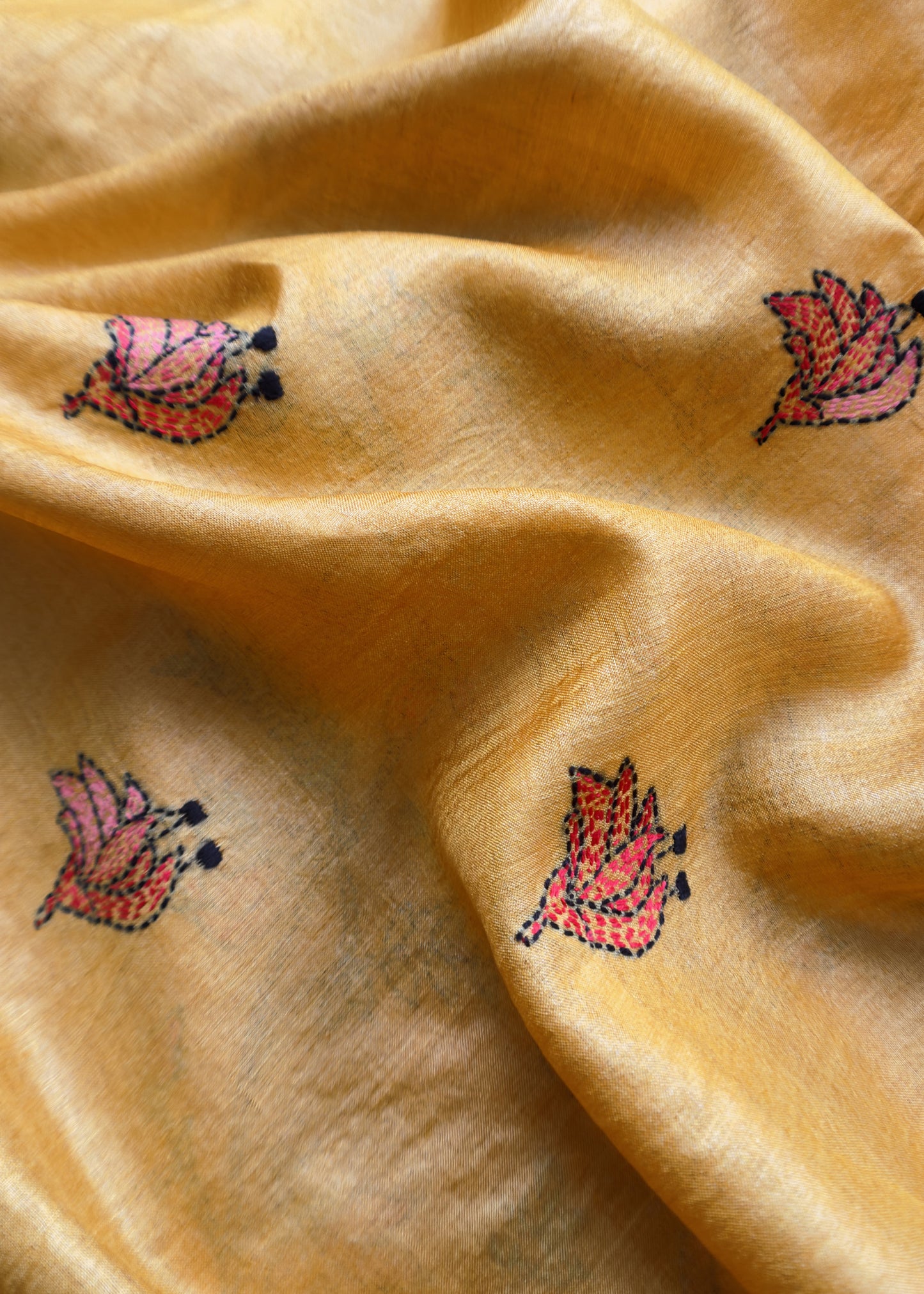 Yellow Kantha Embroidered Unstitched Suit In Handloom Tussar Silk