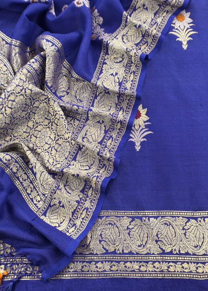Luxe Neel Handloom Munga Georgette Unstitched Suit Fabric With Kadwa Alfi Weaving