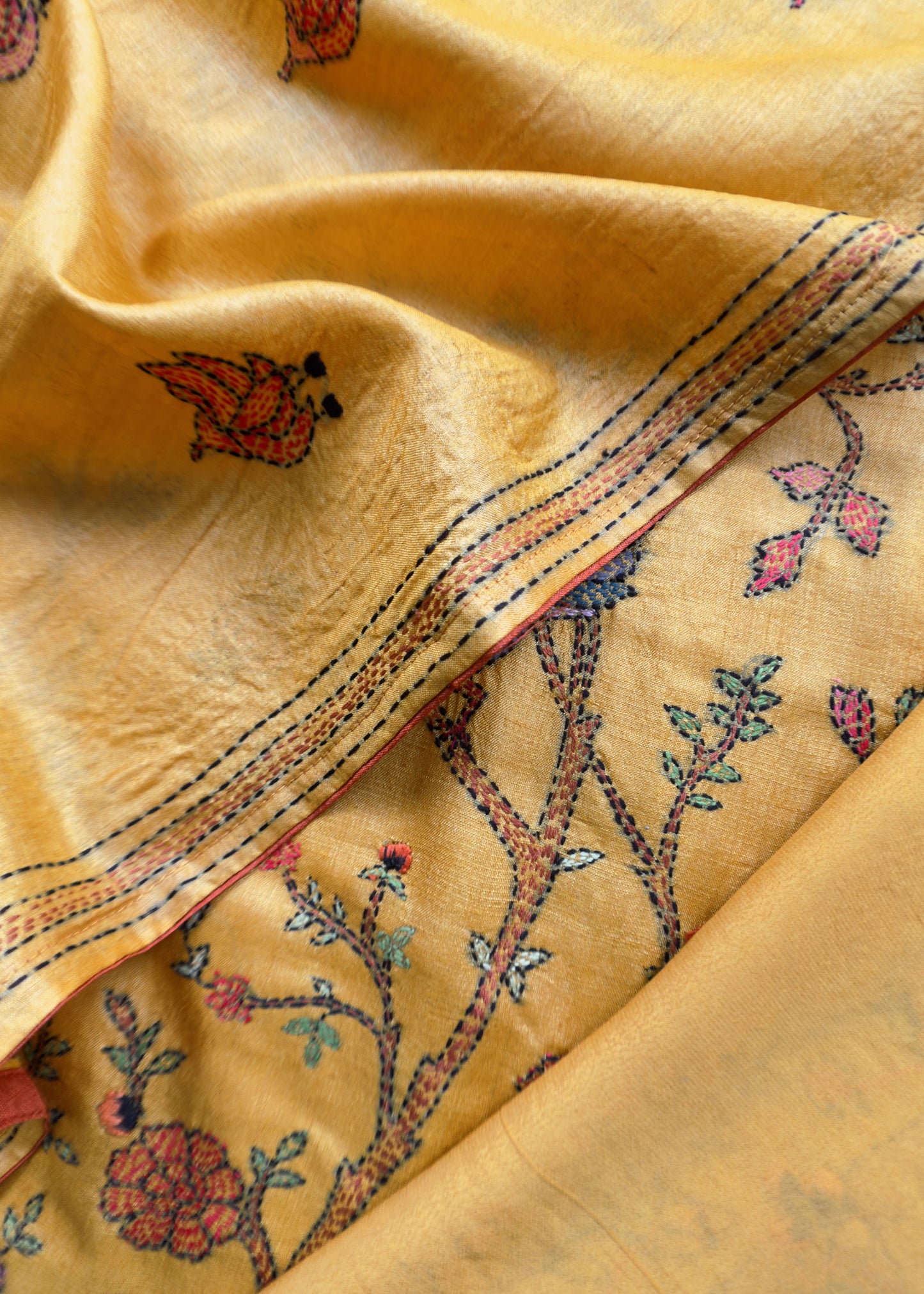 Yellow Kantha Embroidered Unstitched Suit In Handloom Tussar Silk