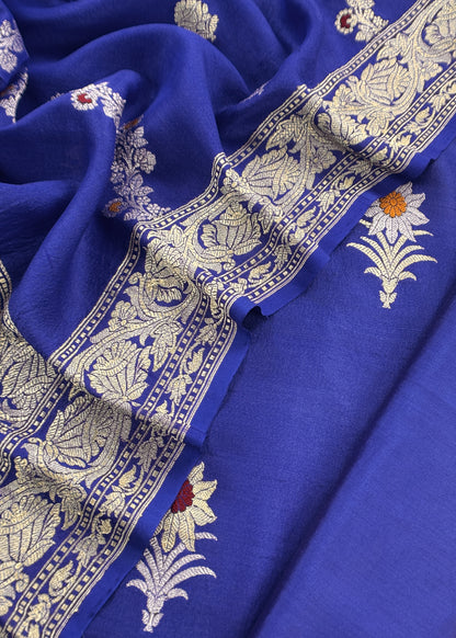 Luxe Neel Handloom Munga Georgette Unstitched Suit Fabric With Kadwa Alfi Weaving