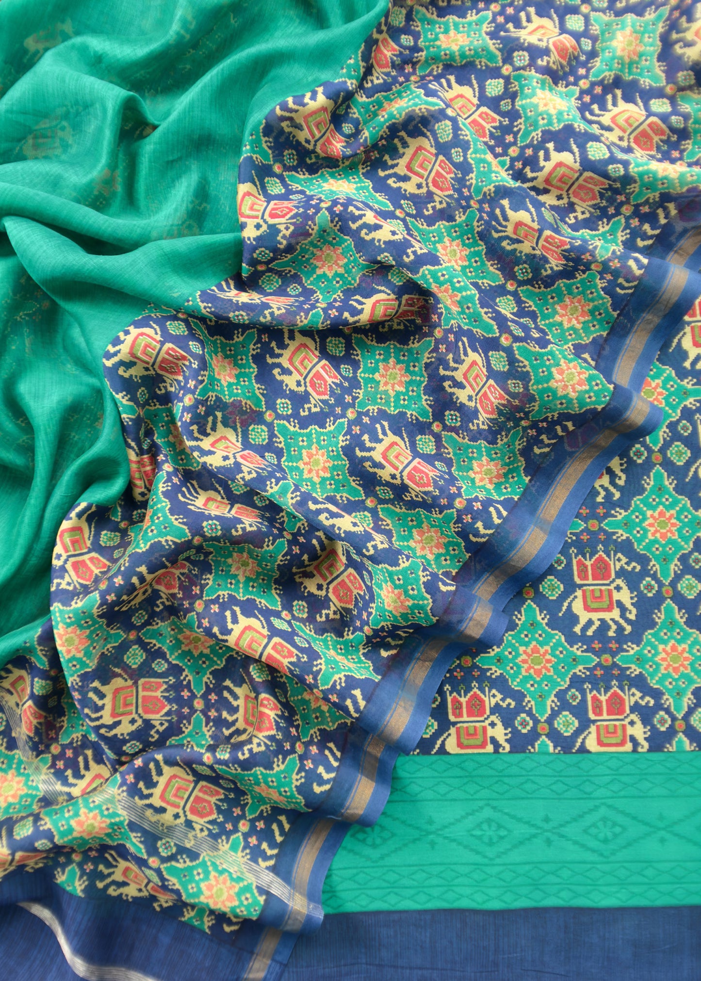 Green With Blue Handloom Patola Unstitched Suit In Maheshwari Silk