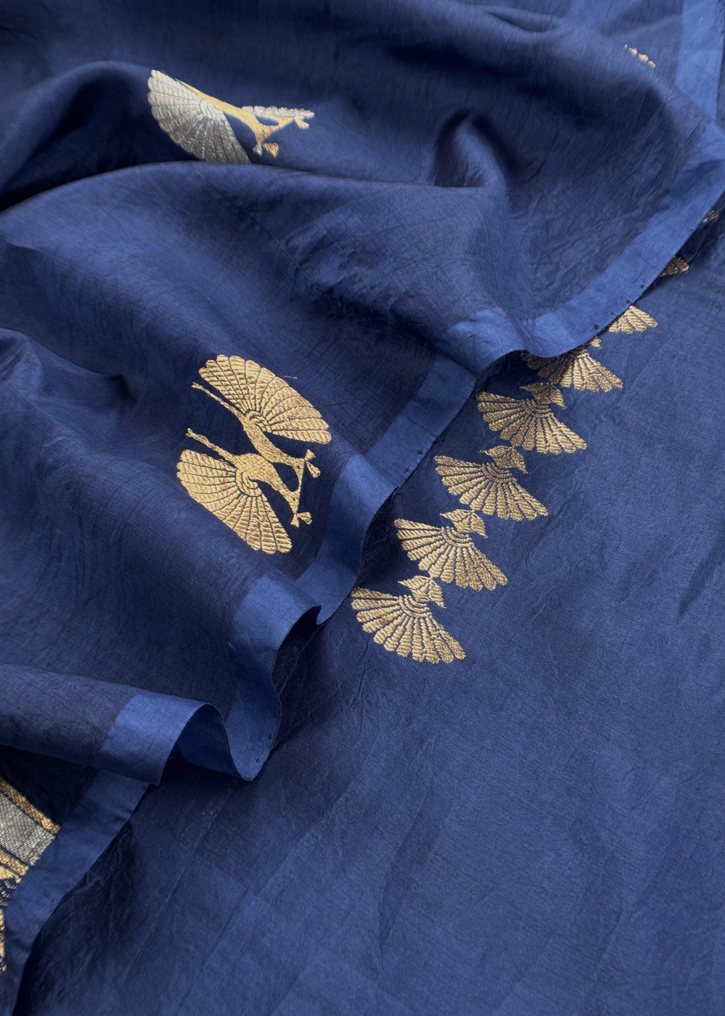 Midnight Blue Handloom Silk Unstitched Suit Fabric With Kadwa Weaving