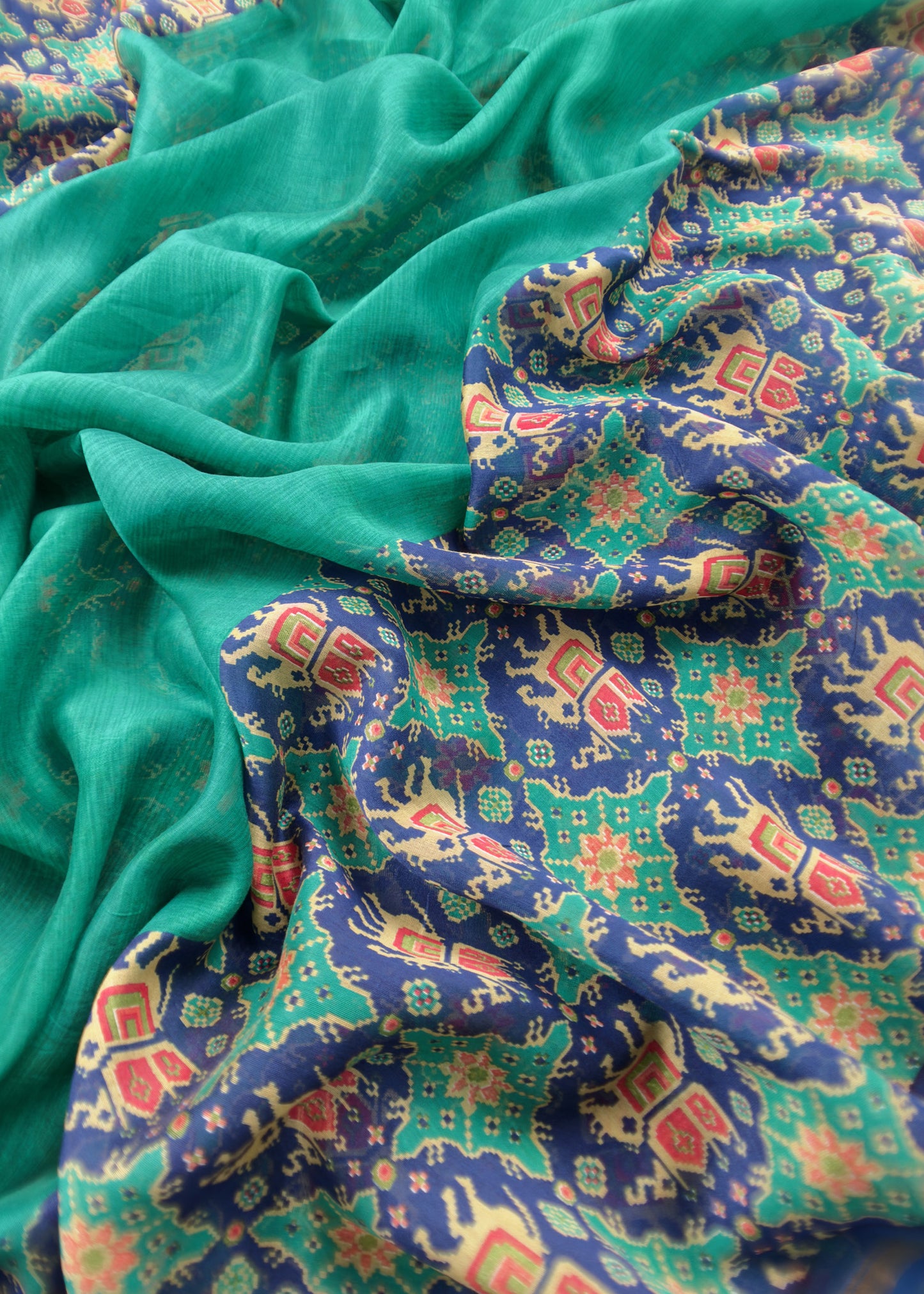 Green With Blue Handloom Patola Unstitched Suit In Maheshwari Silk