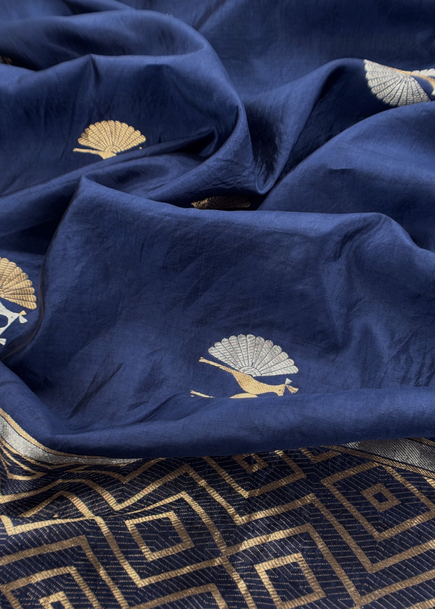 Midnight Blue Handloom Silk Unstitched Suit Fabric With Kadwa Weaving