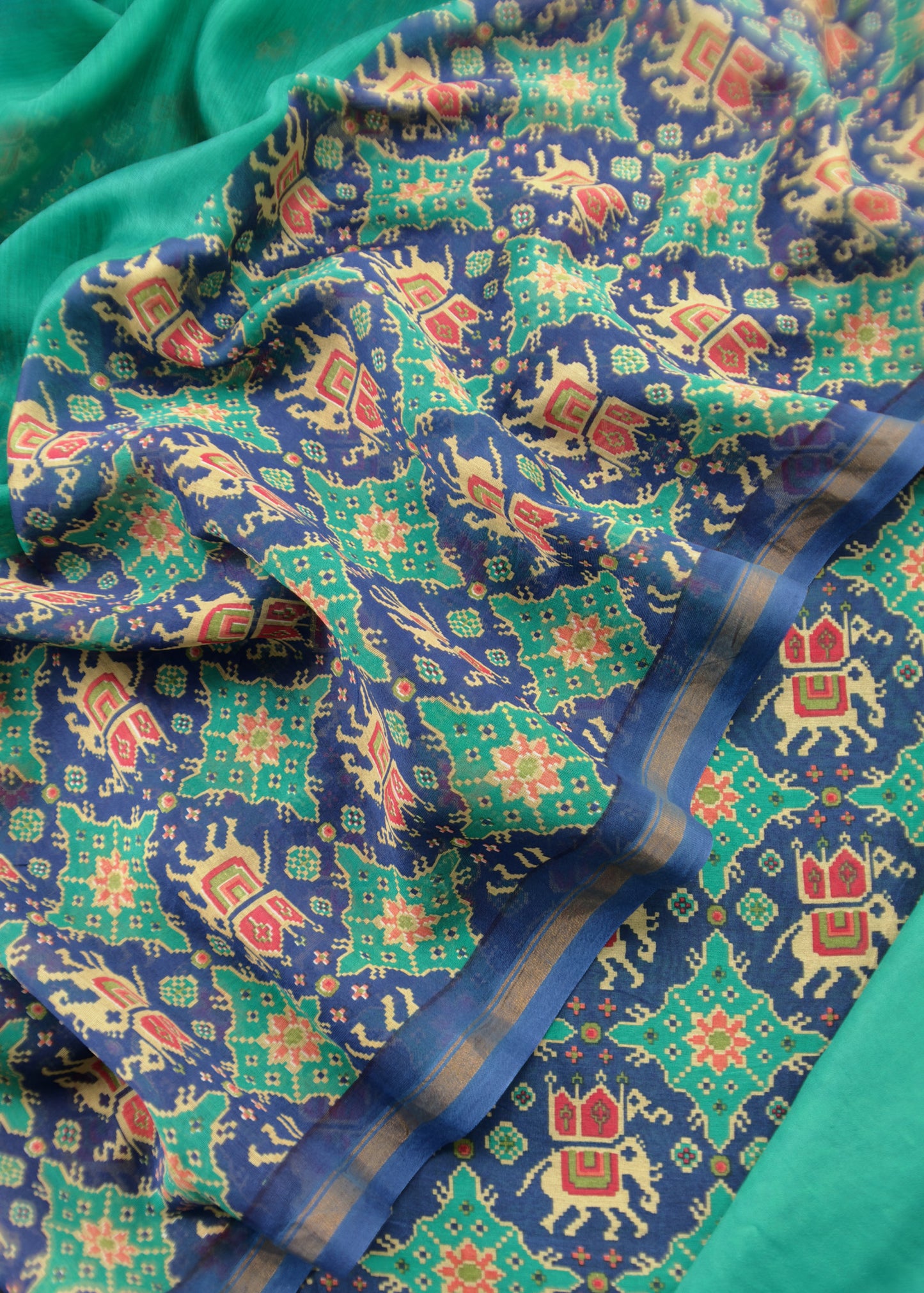 Green With Blue Handloom Patola Unstitched Suit In Maheshwari Silk