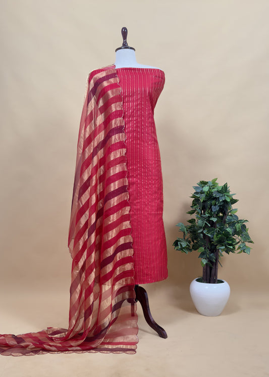 Gold And Red Pure Tissue Silk Woven Suit Fabric With Cutdana Handwork