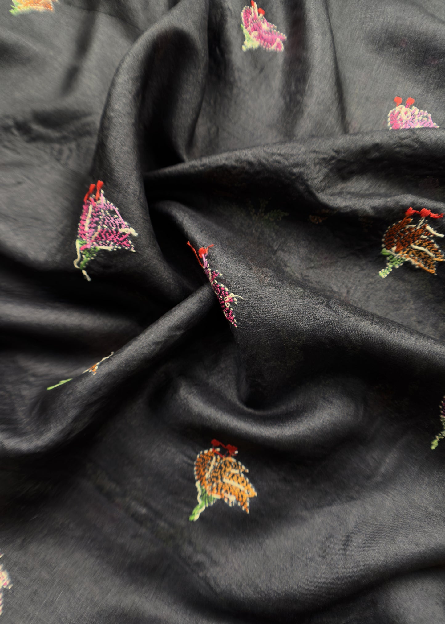 Black Kantha Embroidered Unstitched Suit In Handloom Tussar Silk