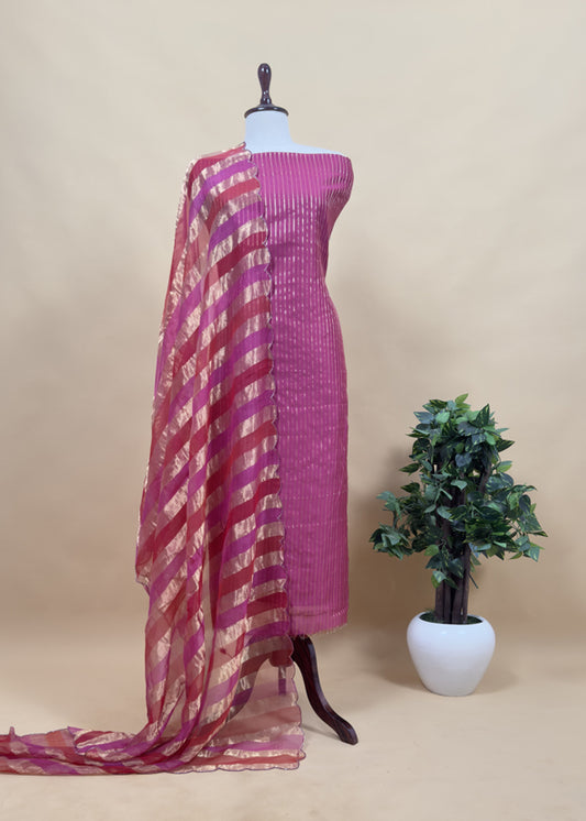 Blingy Pink Handloom Silk Kurta With Tissue Silk Double Panel Zari Dupatta