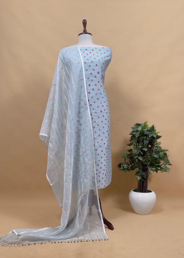 Blue Pure Silk Bandhani Kurta and Kora Silk Dupatta