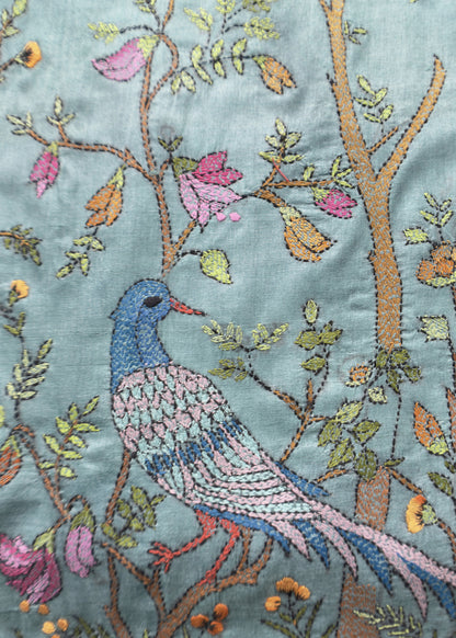 Steel Blue Kantha Embroidered Unstitched Suit In Handloom Tussar Silk