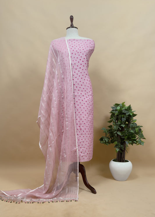 Pastel Pink Pure Silk Bandhani Kurta And Kora Silk Dupatta