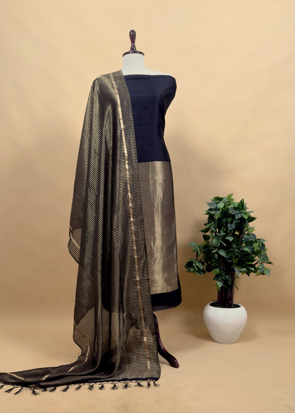 Black Kalasheel Luxe Indian Antique Handwoven Chanderi Suit With Heavy Gold Zari