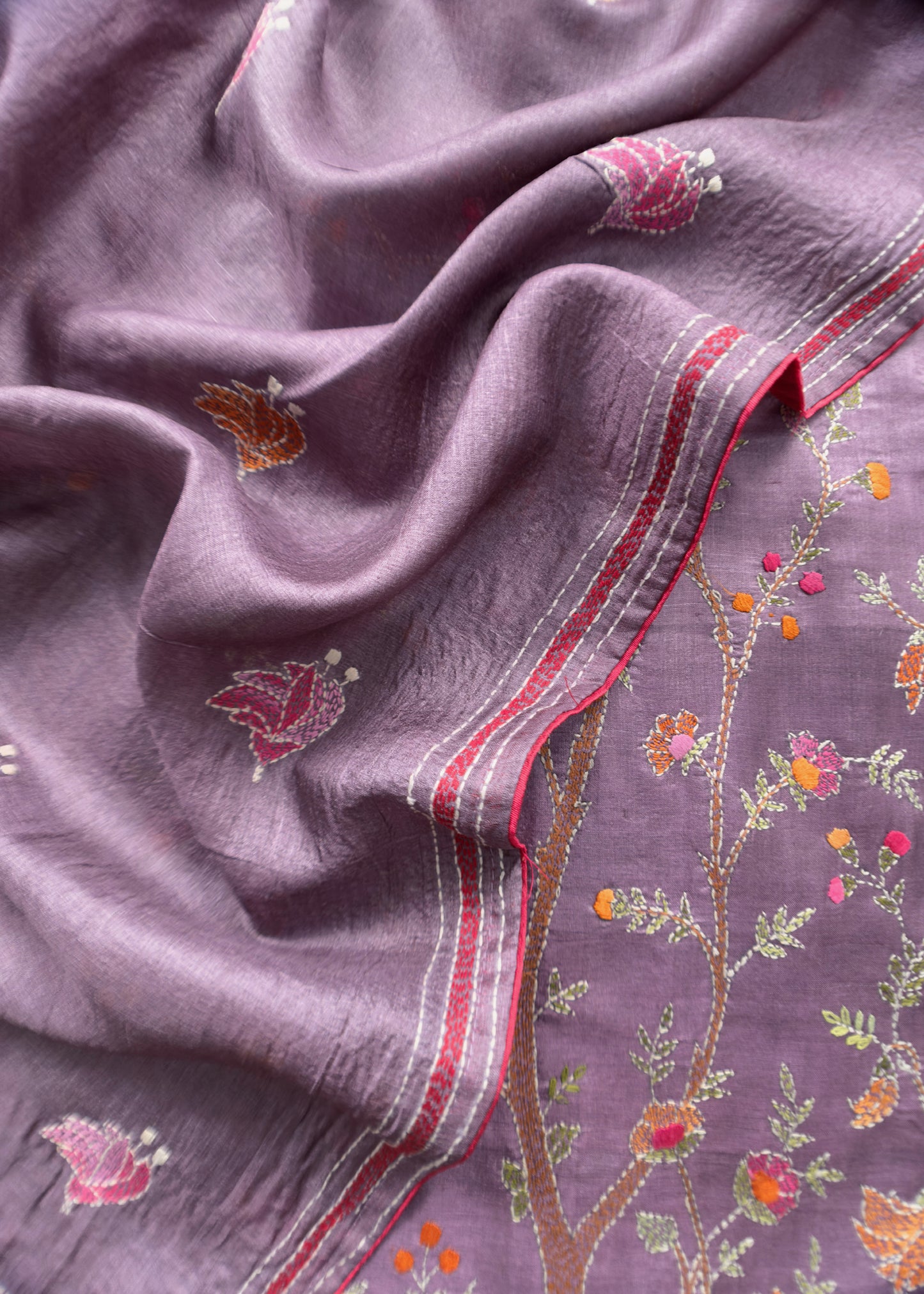 Indigo Purple Kantha Embroidered Unstitched Suit In Handloom Tussar Silk