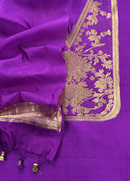 Purple Handloom katan Silk Suit Fabric With Peonies Kadwa Weaving