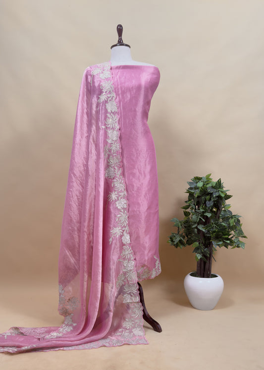 Pink Aari Embroidery Tissue Silk Suit In Applique Work