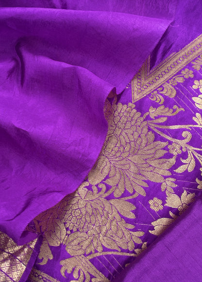 Purple Handloom katan Silk Suit Fabric With Peonies Kadwa Weaving