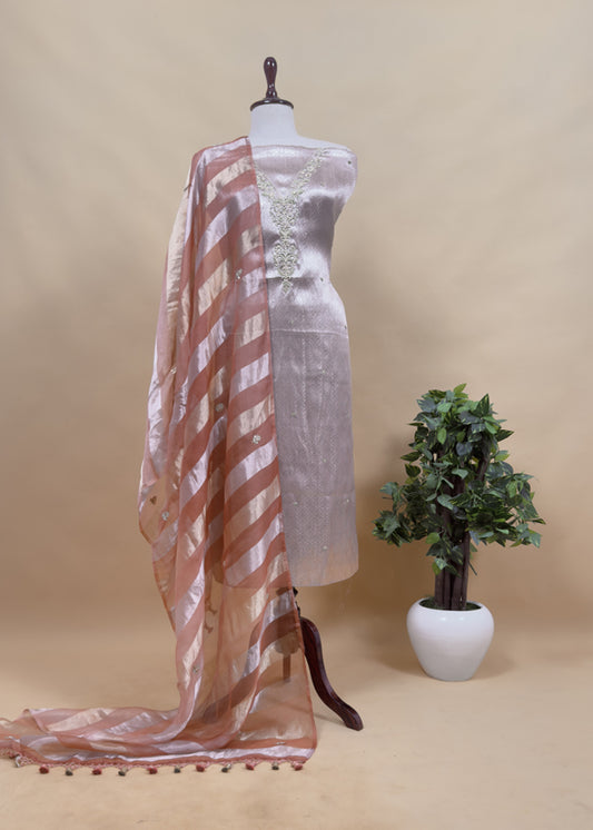 Peach Varanasi Brocade Silk Kurta And Double Panel Tissue Dupatta With Handwork