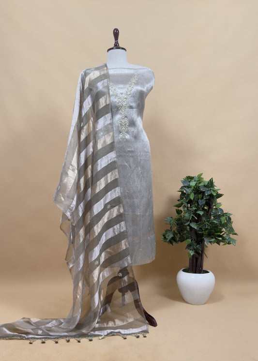 Sage Grey Varanasi Brocade Silk Kurta And Double Panel Tissue Dupatta With Handwork
