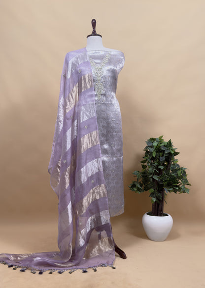 Sage Grey Varanasi Brocade Silk Kurta And Double Panel Tissue Dupatta With Handwork