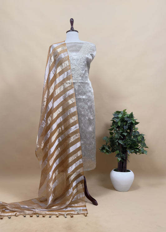 Gold Varanasi Brocade Silk Kurta And Double Panel Tissue Dupatta With Handwork