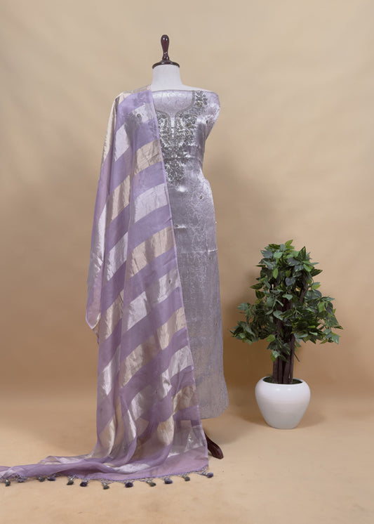 Purple Varanasi Brocade Silk Kurta And Double Panel Tissue Dupatta With Handwork