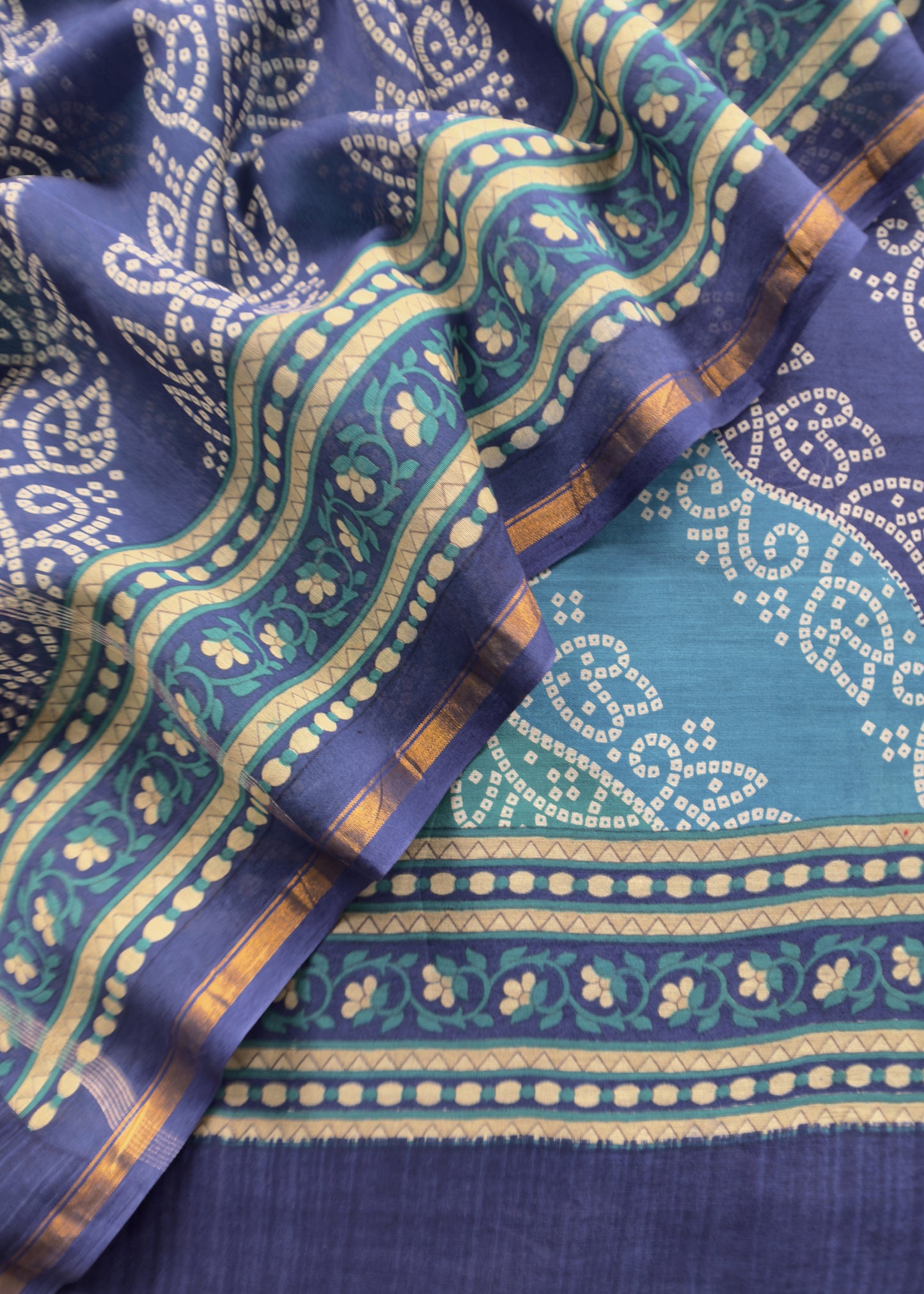 Blue And Purple Bandhani Suit In Maheshwari Silk