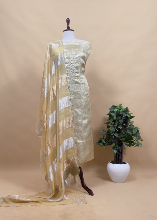 Yellow Gold Varanasi Brocade Silk Kurta And Double Panel Tissue Dupatta With Handwork