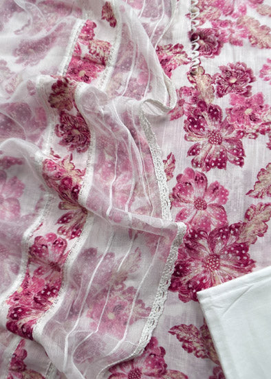 Pink Digital Print unstitched linen Cotton With Chiffon Dupatta