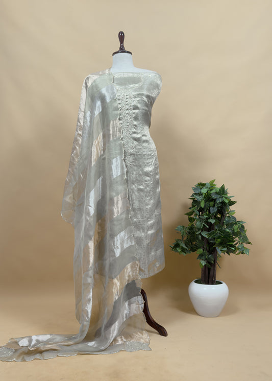 Pista Green Varanasi Brocade Silk Kurta and Double panel Tissue Dupatta With Handwork