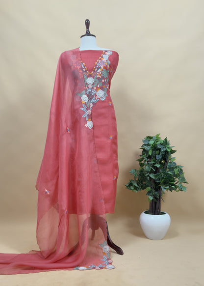 Garden Of Dreams Luxe Baby Pink Handloom Kora Silk Suit Fabric With Appliqué Work And French Thread Embroidery