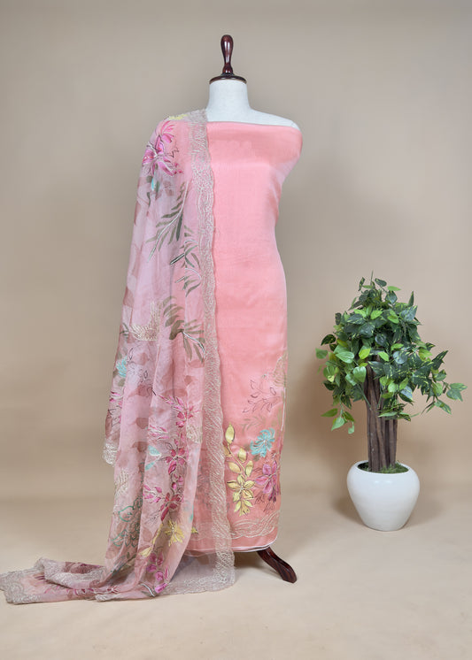 Blush Pink Hand Painted Unstitched Suit In Pure Organza Silk