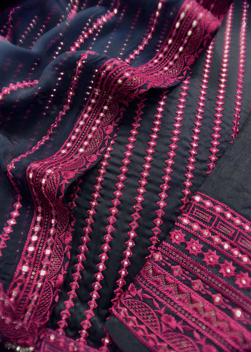 Dark Blue Embroidered Organza Silk Suit Set