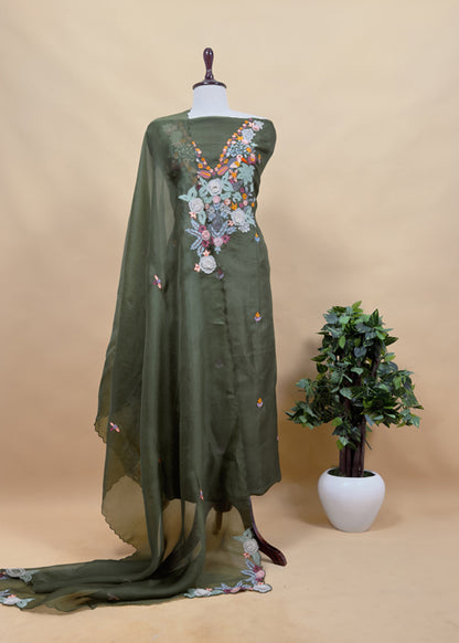 Garden Of Dreams Luxe Baby Pink Handloom Kora Silk Suit Fabric With Appliqué Work And French Thread Embroidery