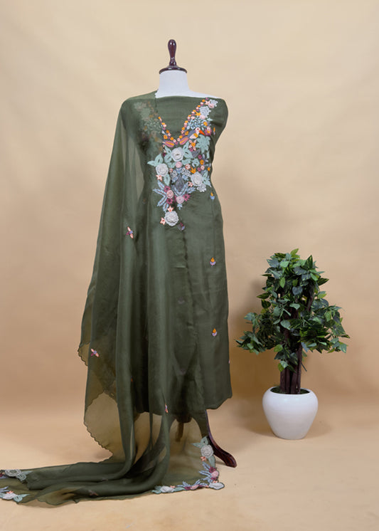 Garden Of Dreams Luxe Green Handloom Kora Silk Suit Fabric With Appliqué Work And French Thread Embroidery
