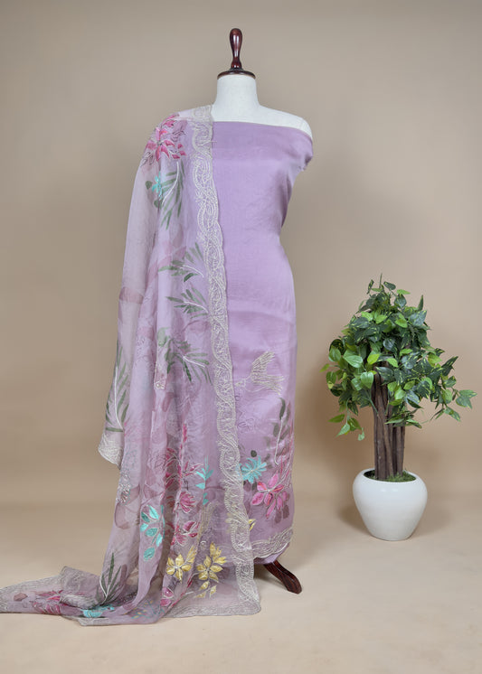 Purple Hand Painted Unstitched Suit In Pure Organza Silk