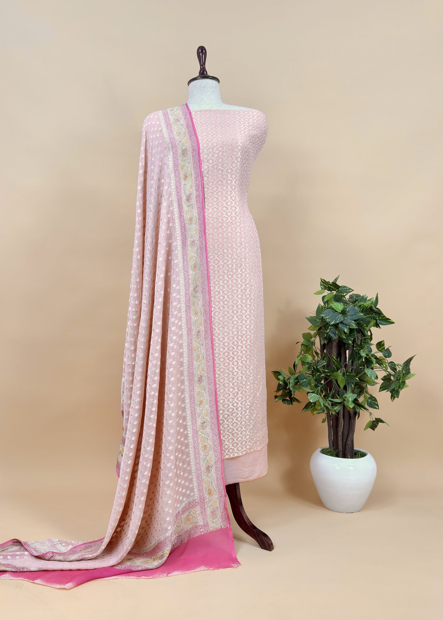 Luxe Baby Pink Khaddi Georgette Suit Fabric With Mughal Meenakari Weaving