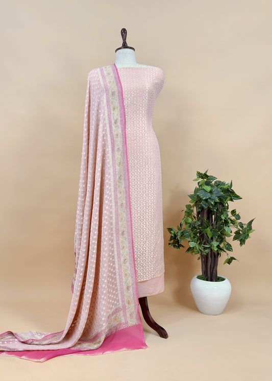 Luxe Baby Pink Khaddi Georgette Suit Fabric With Mughal Meenakari Weaving
