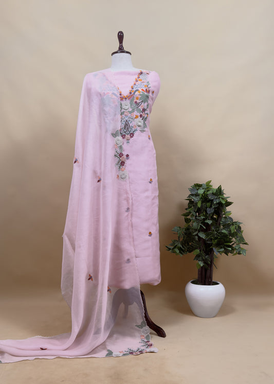 Garden Of Dreams Luxe Baby Pink Handloom Kora Silk Suit Fabric With Appliqué Work And French Thread Embroidery