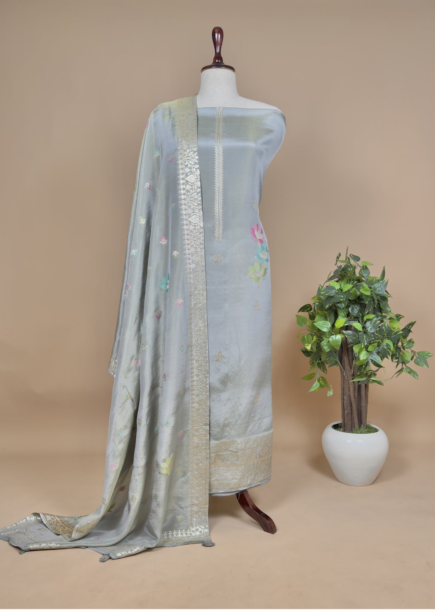 Pure Handwoven Tissue Suit Silk With Meenakari Weaving