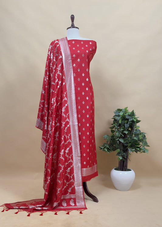 Red Banarasi Suit In Mulberry Silk With Jacuard Weaving
