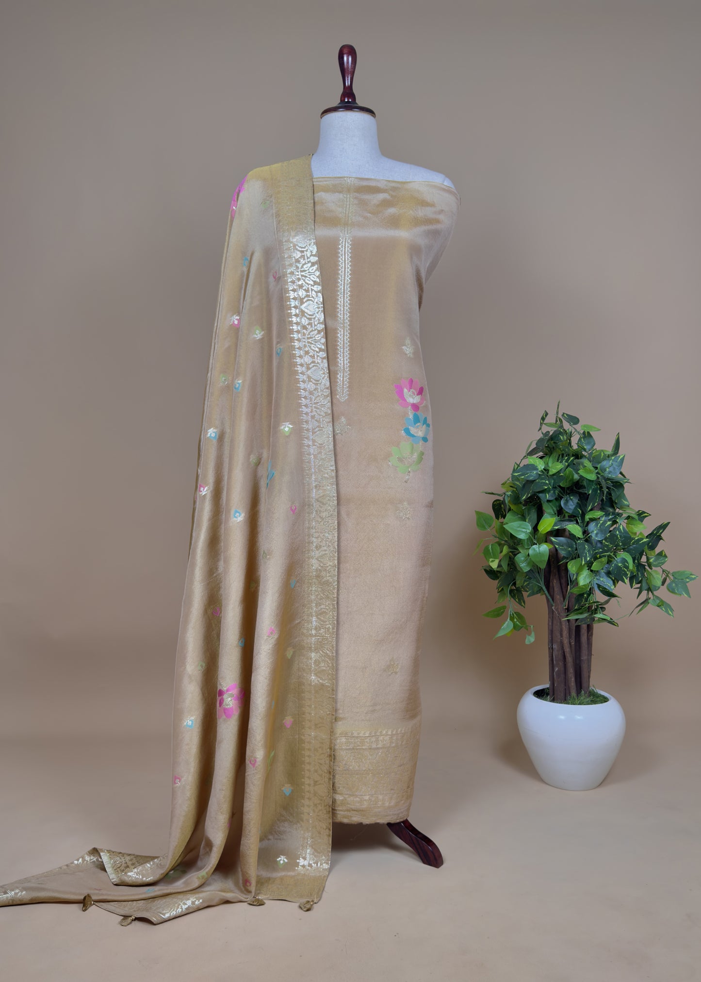 Pure Handwoven Tissue Suit Silk With Meenakari Weaving