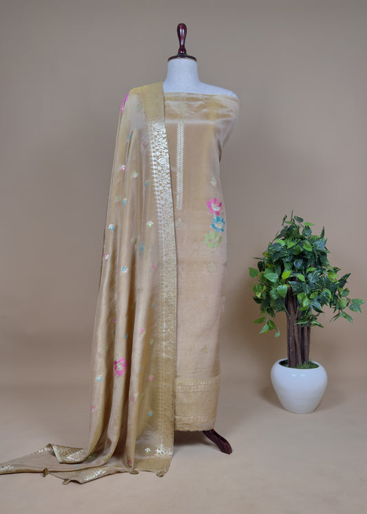 Beige Pure Handwoven Tissue Suit Silk With Meenakari Weaving