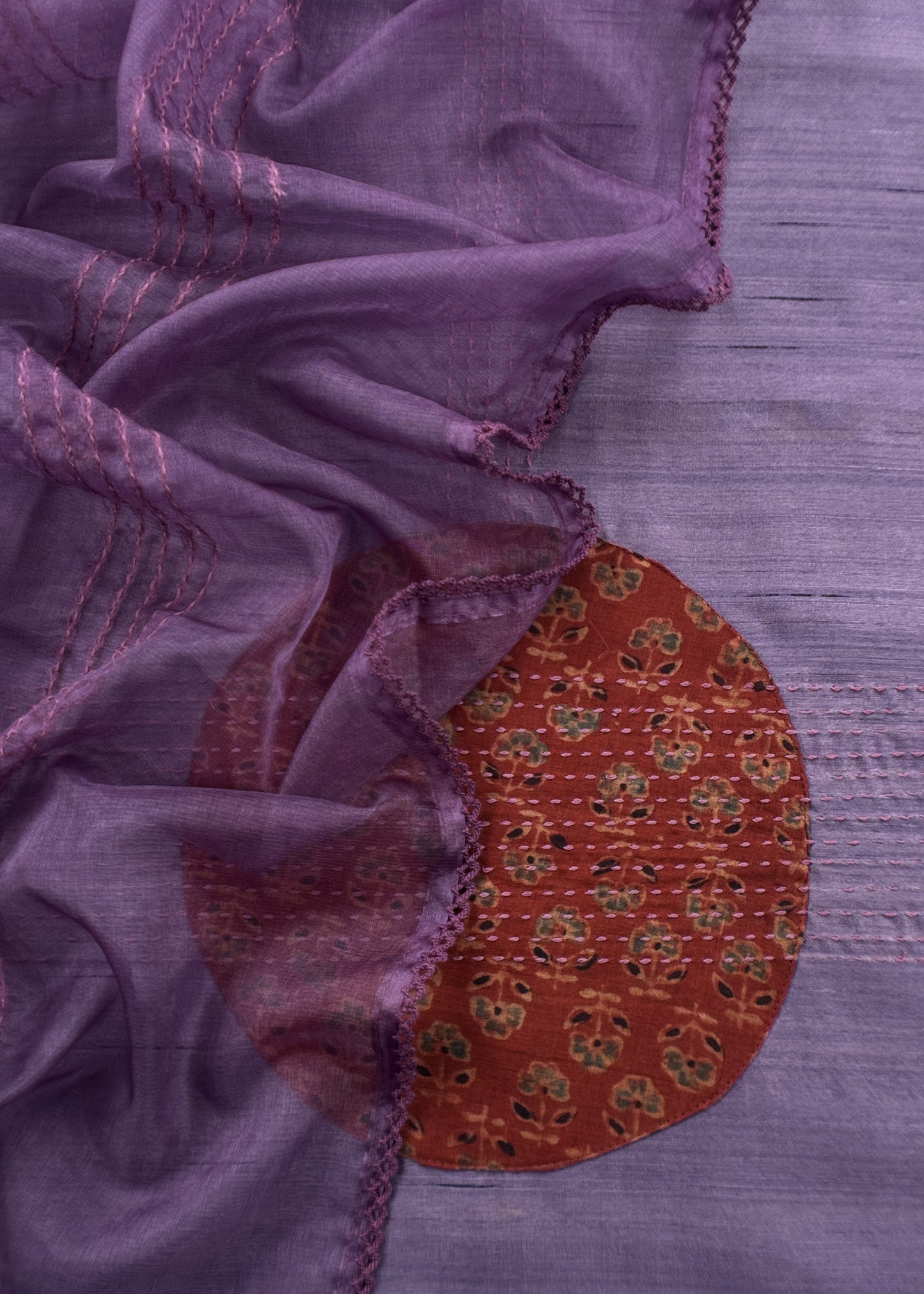 Purple Raw Silk kurta And Organza Dupatta With Ajrakh Appliqué Work