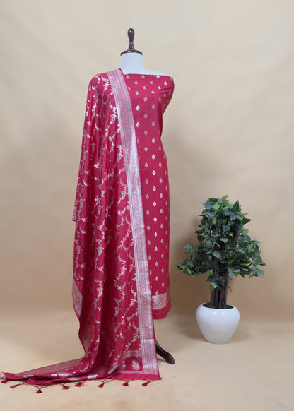 Pink Banarasi Suit In Mulberry Silk With Jacuard Weaving