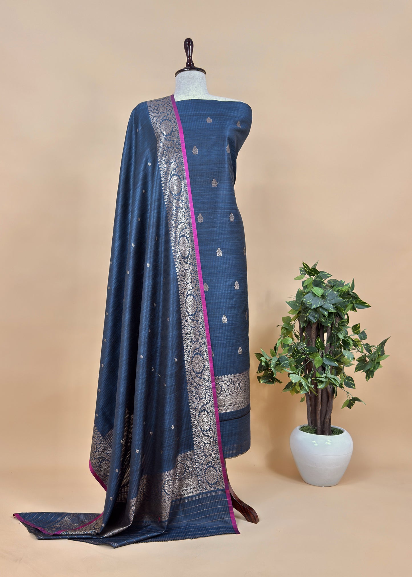 Blue Handloom Dupion Silk Suit With Kadwa Weaving