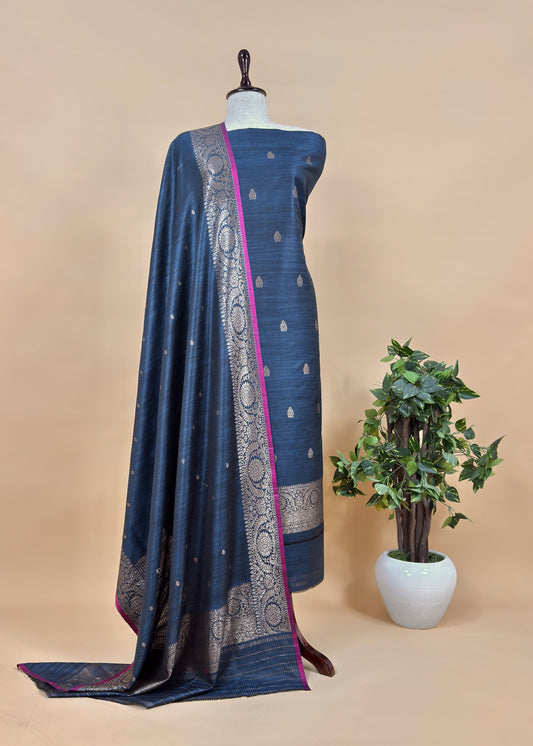 Blue Handloom Dupion Silk Suit With Kadwa Weaving