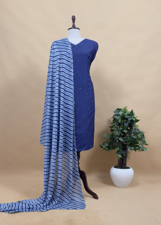 Blue Mul Chanderi Unstitched Suit With Lehariya Dupatta